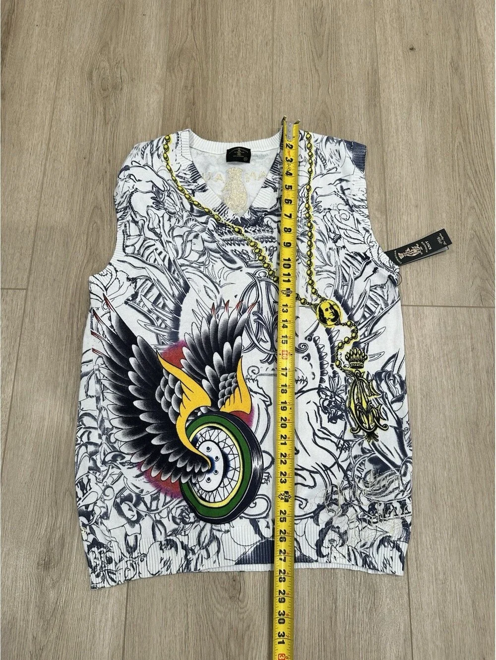 NWT Christian Audigier V Neck All Over Print Knit Vest Size XL